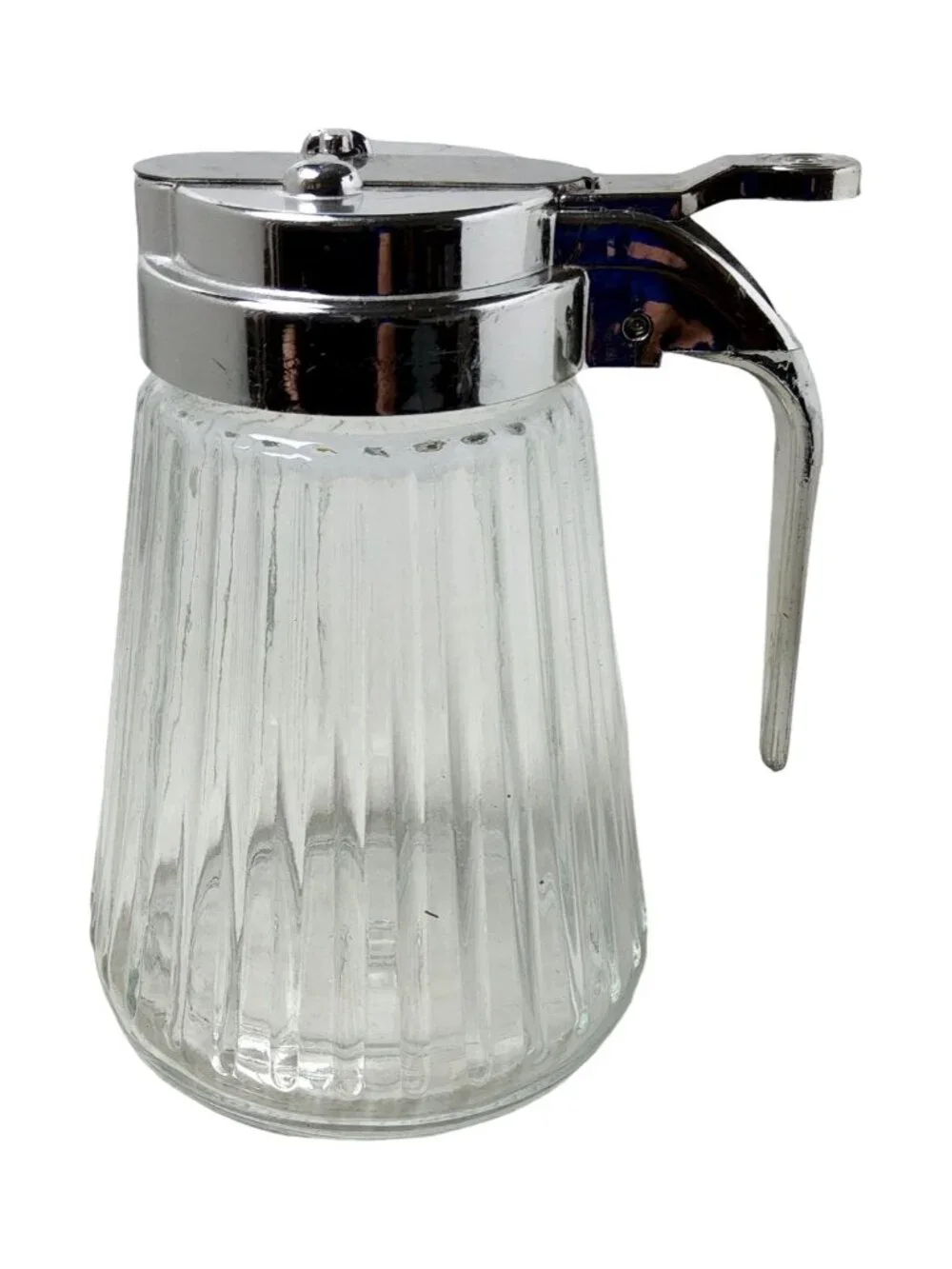 Vintage Anchor Hocking 1960s drip stop Plastic Lid Style Ribbed Clear Glass, Syr